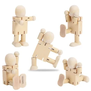 diy poseable unfinished wooden robot figurine