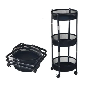 3 tier round foldable metal rolling storage cart