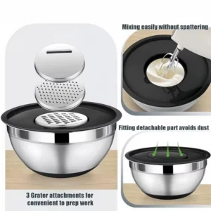 stainless steel mixing bowl set with lids & grater attachments