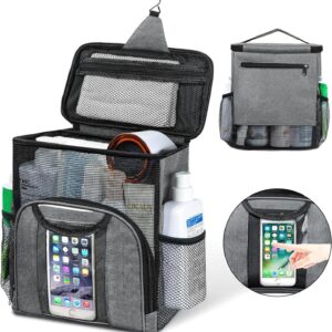hanging mesh shower caddy with phone pocket