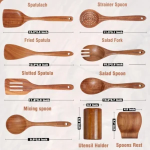 9 piece solid teak wood kitchen utensil set