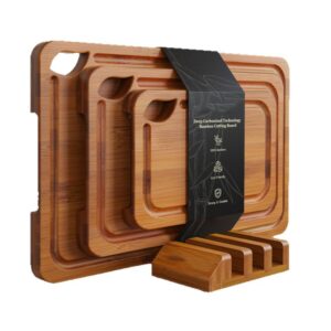 3 size carbonized bamboo cutting board set with storage rack