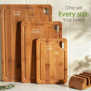 3 size carbonized bamboo cutting board set with storage rack