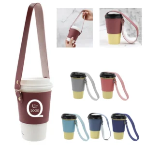 leather coffee cup sleeve w/ strap