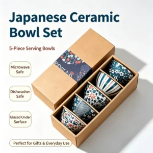 5 Pack Japanese Floral Ceramic Rice Bowls Gift Box