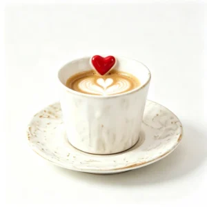 Handmade Porcelain Coffee Cup and Saucer Set with 3D Red Heart