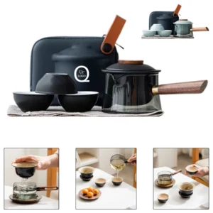 ceramic camping tea set w/ wooden handle teapot