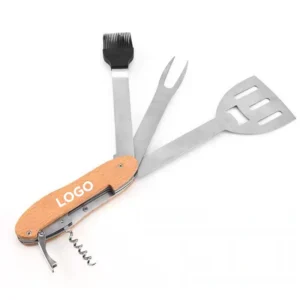 4 in 1 folding bbq multi tool set w/ beech wood handle