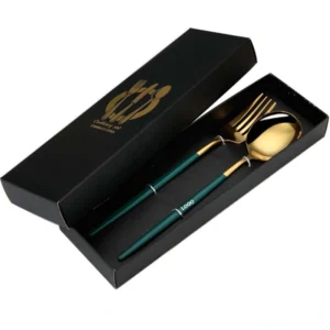 travel 2 in 1 green/golden stainless steel cutlery set.